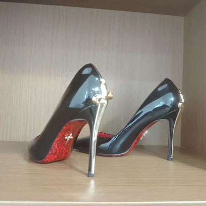 8CM-10CM Fashion Womens High Heel High Quality Metal Scepter Stiletto Pointed Leather Women Shoes Premium Single Shoes for Women