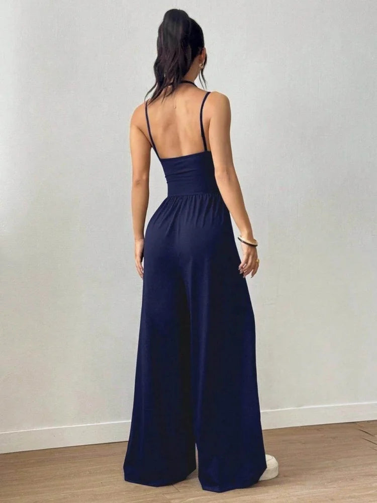 Spaghetti Strap Jumpsuit Square Neck Ruched Waist Wide Leg Long Pant Outfit For Women Daily Travel Outdoor Casual Lounge Stylish Garment