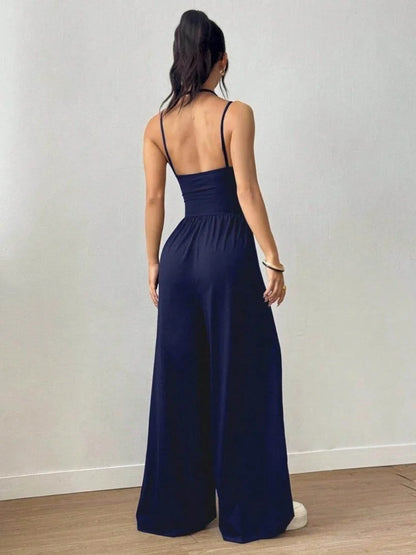 Spaghetti Strap Jumpsuit Square Neck Ruched Waist Wide Leg Long Pant Outfit For Women Daily Travel Outdoor Casual Lounge Stylish Garment