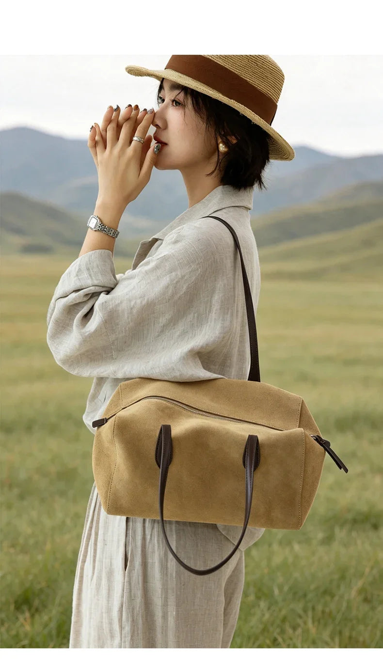 New Women's Natural Suede Leather long handle Shoulder Bag Luxury Designe Genuine Suede Leather Handbags Shopping Underarm Bag