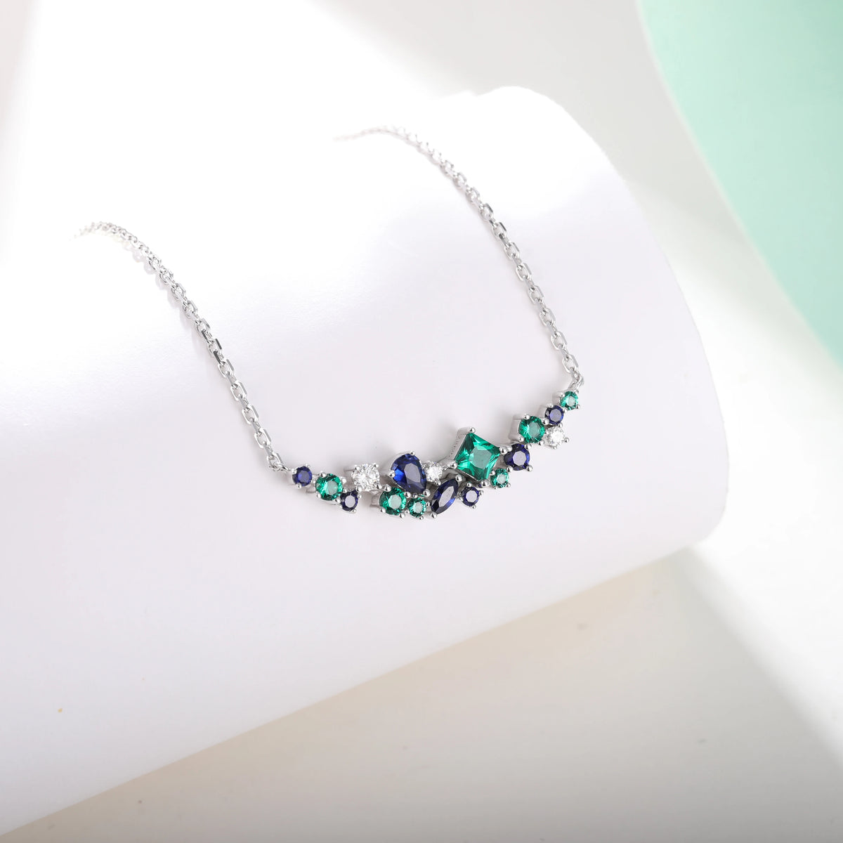 XCY Mixed Cut Lab Sapphire Emerald Moissanite Necklace for Women 925 Silver Curved Cluster Pendant Anniversary Fine Jewelry Gift