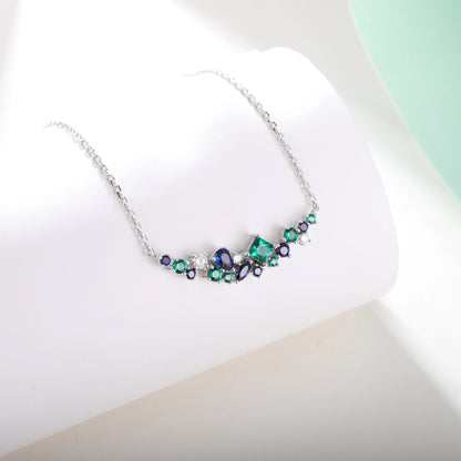XCY Mixed Cut Lab Sapphire Emerald Moissanite Necklace for Women 925 Silver Curved Cluster Pendant Anniversary Fine Jewelry Gift