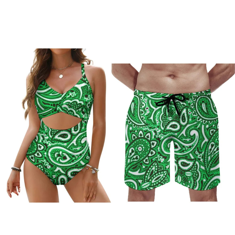 Customizable Bandana Men'S And Women'S Swimsuits Women One Piece Swimsuits Men Swimming Trunks And Beach Couple Outfits