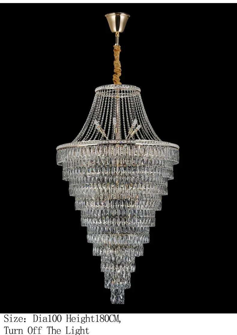 Large Ceiling Long Crystal Chandelier Hotel Lobby Living Room Luxurious Multi Story Staircase Light Golden Stainless Steel Light