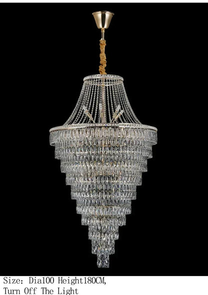 Large Ceiling Long Crystal Chandelier Hotel Lobby Living Room Luxurious Multi Story Staircase Light Golden Stainless Steel Light