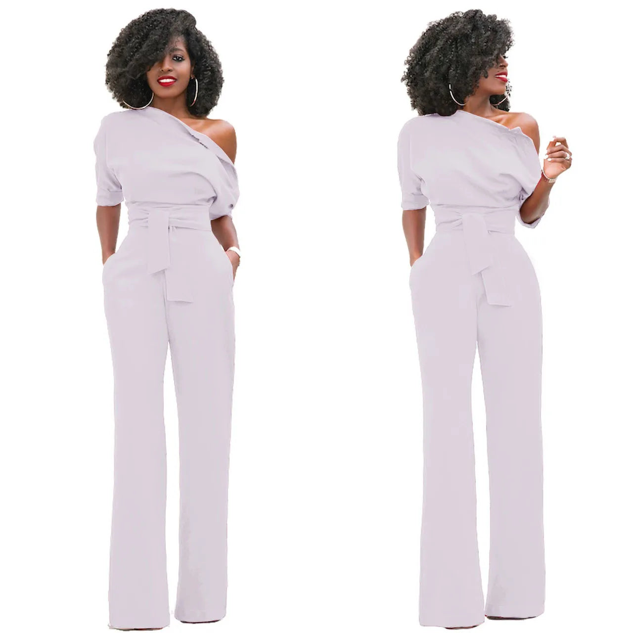 2024 Summer New Fashion Women's Jumpsuit Solid Color Slanted Shoulder Elegant Temperament Sleeveless Long Wide Leg Jumpsuit