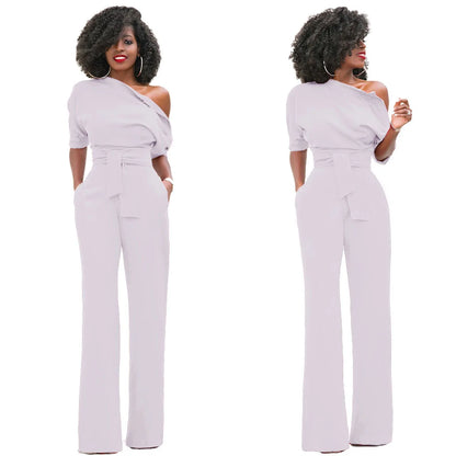 2024 Summer New Fashion Women's Jumpsuit Solid Color Slanted Shoulder Elegant Temperament Sleeveless Long Wide Leg Jumpsuit