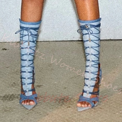 Knee High Gladiator Sandals Denim Leather Hollow Out Lace Up Open Toe Sexy Summer Leg Wrap Stiletto High Heels Fashion Shoes New