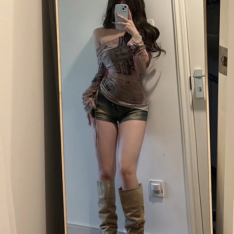 Long-Sleeved T-Shirt Spicy Girl Style One Shoulder Women's Thin Mesh Screen Graffiti Print Irregular Drawstring Top