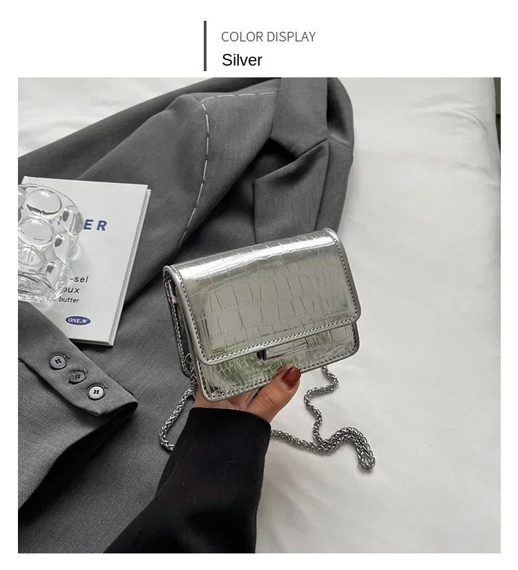 Vintage Women Silver Chic Crossbody Bag Luxury Designer Small Shoulder Bags Fashion Gold Mini Square Cute Pu Leather Handbag