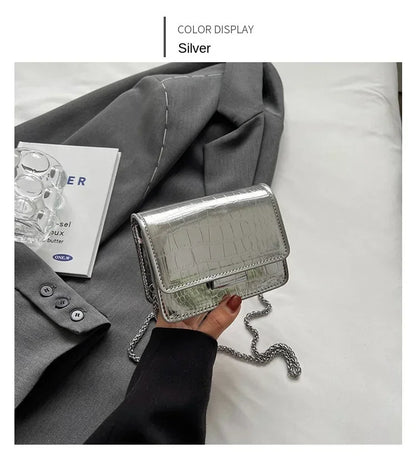 Vintage Women Silver Chic Crossbody Bag Luxury Designer Small Shoulder Bags Fashion Gold Mini Square Cute Pu Leather Handbag