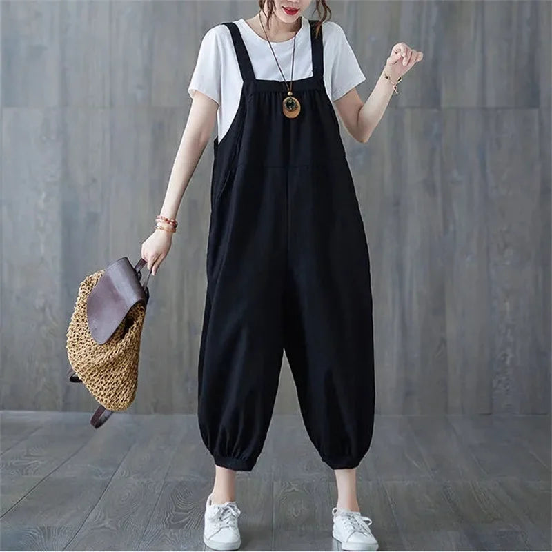 Casual Rompers For Women 2026 New Summer Large Size Korean Loose Harlan Jumpsuit Pants Solid Ladies Suspender Overalls L-5XL