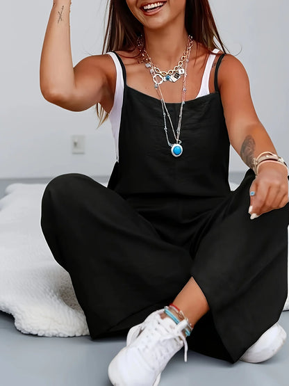 Summer Casual Suspender Jumpsuit for Women, Loose Thin Drapey Wide-Leg Pants, Simple Versatile Sleeveless Overalls, Vacation Style Women's Clothing