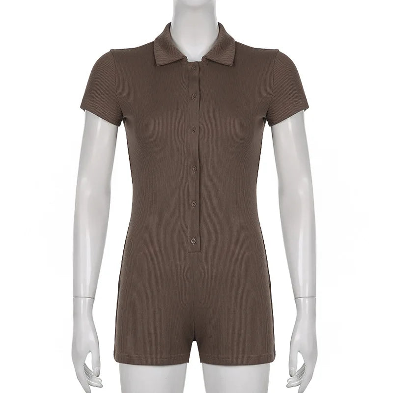 Fashion Solid Color Lapel Short Playsuit One-Piece Slim Fit Button Down Short Sleeve Rompers Casual Knit Y2k Womens Clothing