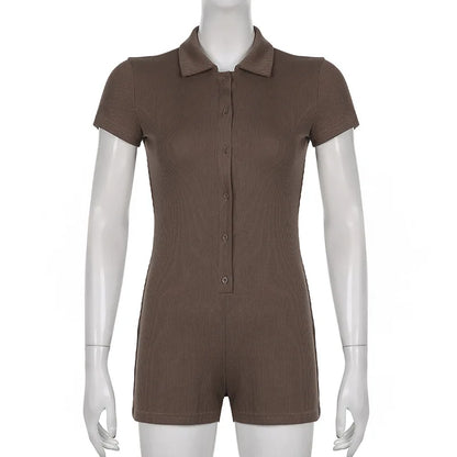 Fashion Solid Color Lapel Short Playsuit One-Piece Slim Fit Button Down Short Sleeve Rompers Casual Knit Y2k Womens Clothing