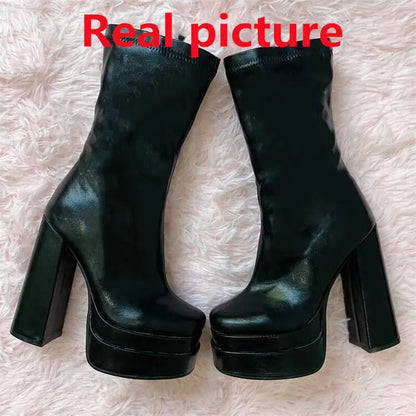 Foreign Trade Women's Shoes Fashion Super High Heels Platform Short Boots New Chunky Heel Mid-calf Boots Casual Ankle Boots CD