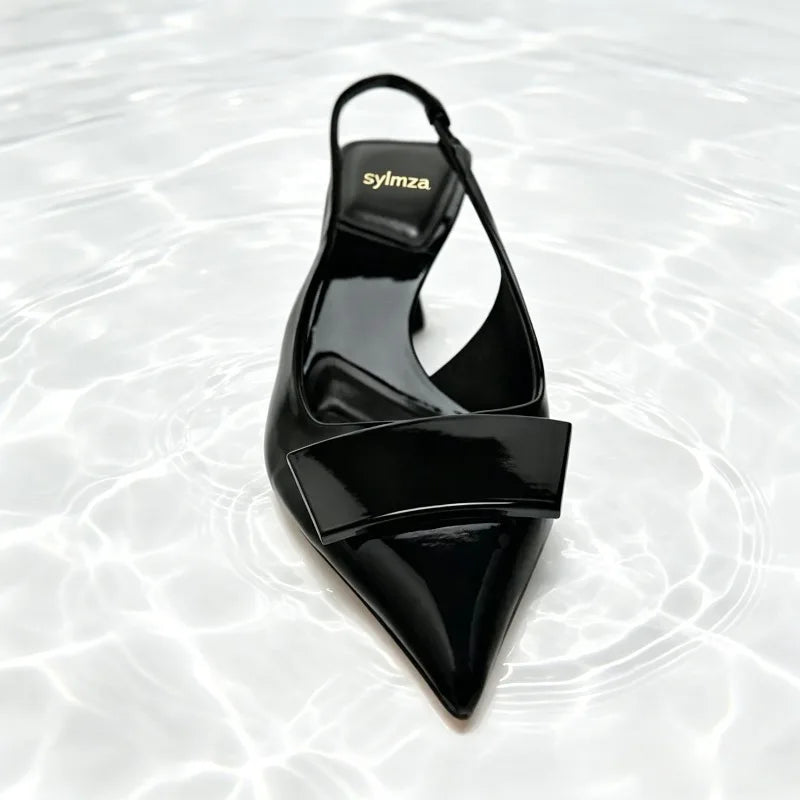Luxury Designer Slingback Mules Heels Women Sexy Pointed Toe Patent Leather Thin Heeled Sandals Comfortable Elegant Office Shoes