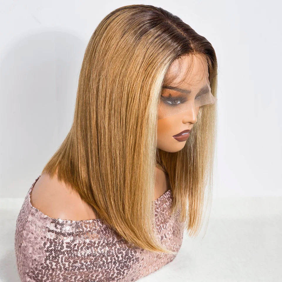 Sleek 13X4 Lace Front Brazilian Hair Wigs Brown Blonde Human Hair Wigs For Women 14 Inch Straight Bob Lace Wigs With 613 Hair