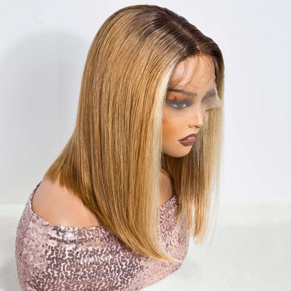 Sleek 13X4 Lace Front Brazilian Hair Wigs Brown Blonde Human Hair Wigs For Women 14 Inch Straight Bob Lace Wigs With 613 Hair