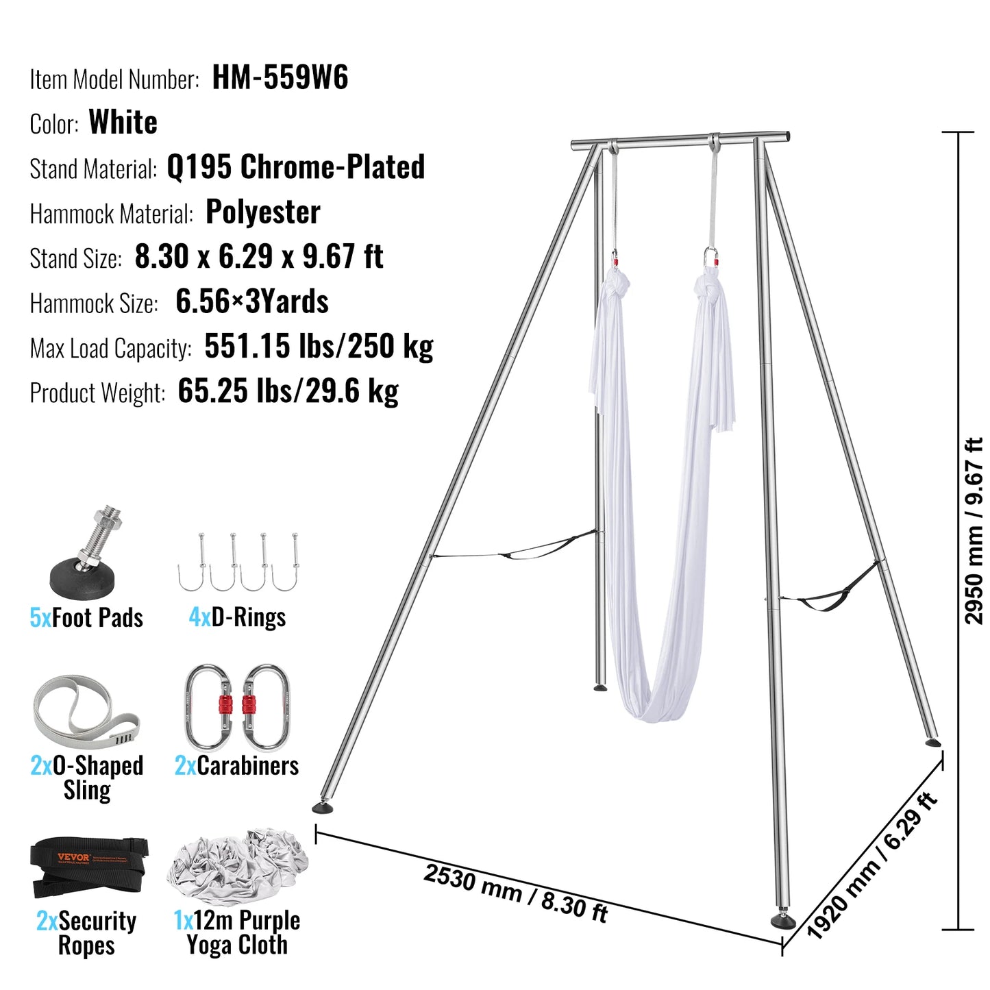 SucceBuy Aerial Yoga Frame&Hammock 9.67FT Professional Yoga Swing Stand with 6.6 Yards Aerial Silks Max 551lbs Indoor Aerial Rig