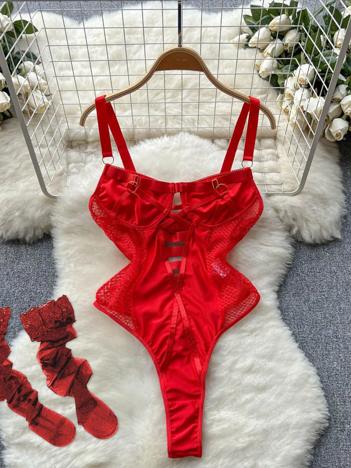 Coquette Lace Lingerie Set Sexy Mesh Bodysuit Valentines Day Sleepwear Gothic Strappy Catsuit Intimate Nightwear Romper