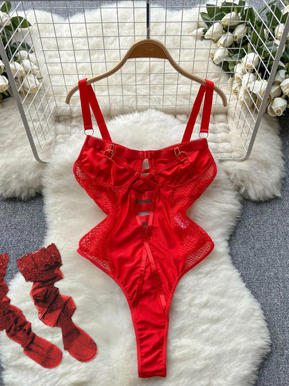 Coquette Lace Lingerie Set Sexy Mesh Bodysuit Valentines Day Sleepwear Gothic Strappy Catsuit Intimate Nightwear Romper