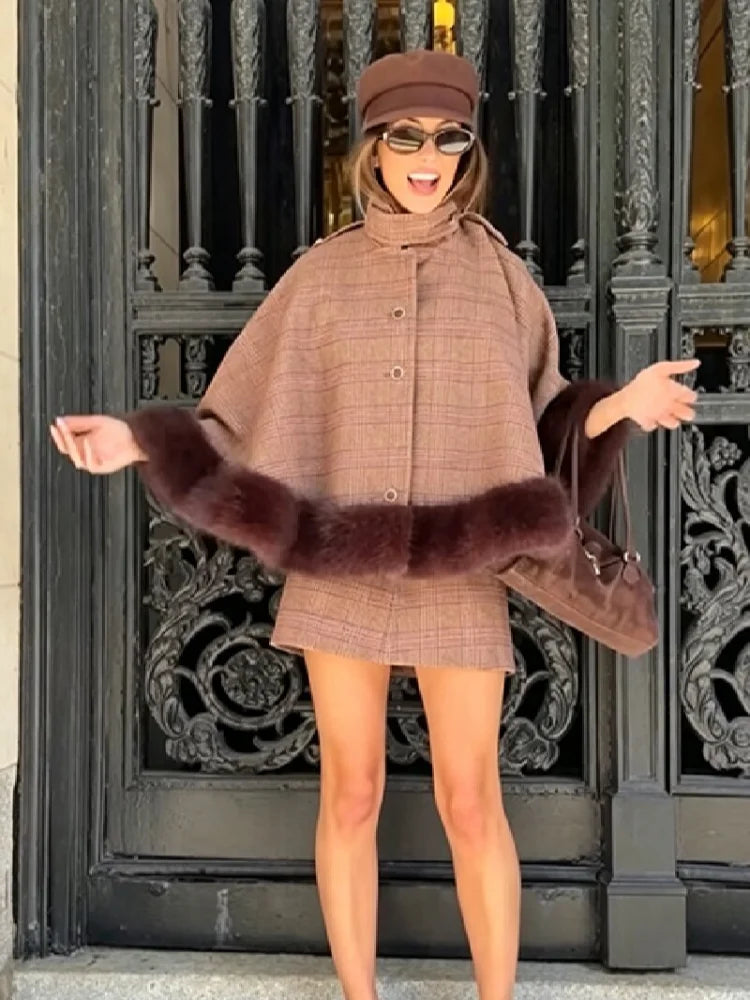 Elegant Plaid Cape Skirt 2 Piece Set Women Chic High Waist Single Breasted Faux Fur Hem Shawl Coat Suit Fall Winter Party Outfit