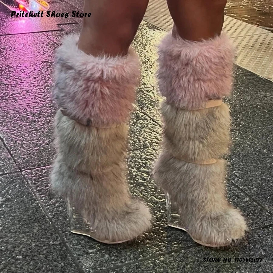 Women's Faux Fur Clear Wedges Boots Street Style Winter Warm Puffy Furry Boots Round Toe Slip On Belt Buckle Trending Shoes