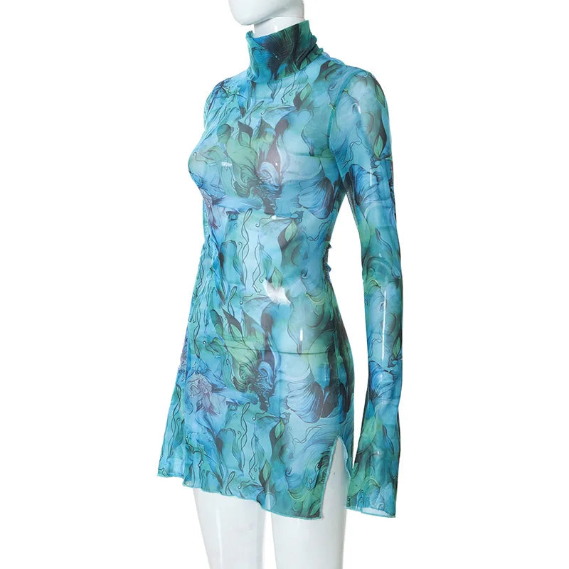 Flare Sleeve Color Printing Bodycon Dress Mini Women Clothing Turtleneck Sexy Streetwear High Waist Fashion One-Pieces Outfits