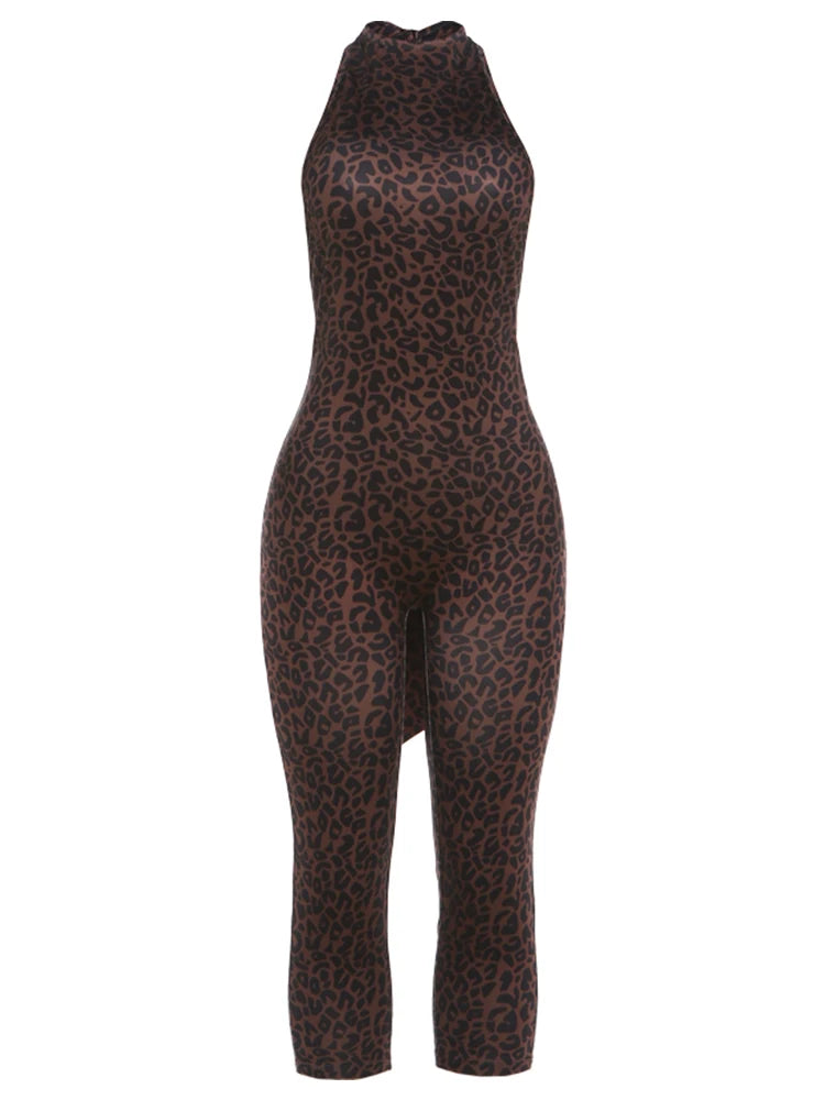 Kliou Leopard Print Playsuits Woman Summer Trend Bandage Halter Backless Skinny Peach Hip Hot Girls Street Sexy Fashion Rompers