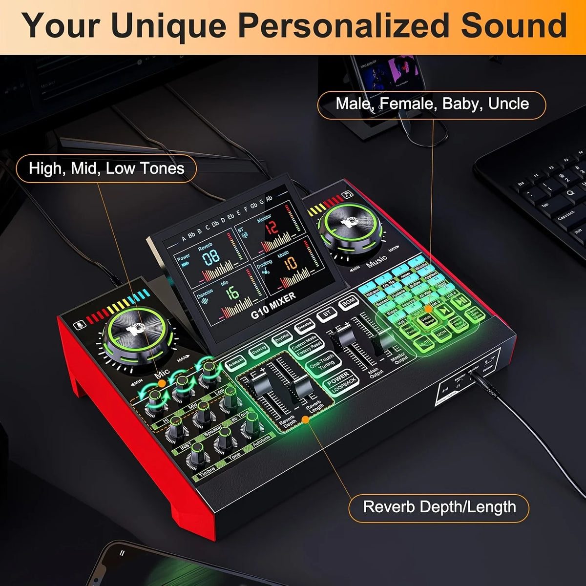 Tenlamp G10 Portable DJ Mixer Controller Equipment, Professional Audio Interface Sound Card with Voice Changer, XLR 3.5mm Mic for PC Laptop, Podcast Gaming Singing Karaoke Studio Recording