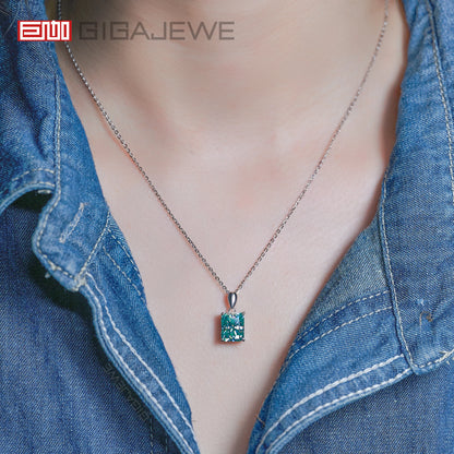 GIGAJEWE  8*10mm 4.0ct Radiant Cut Natural Cyan VVS1 Moissanite 18K White Gold Plated Silver Engagement Necklace Woman Girl Gift