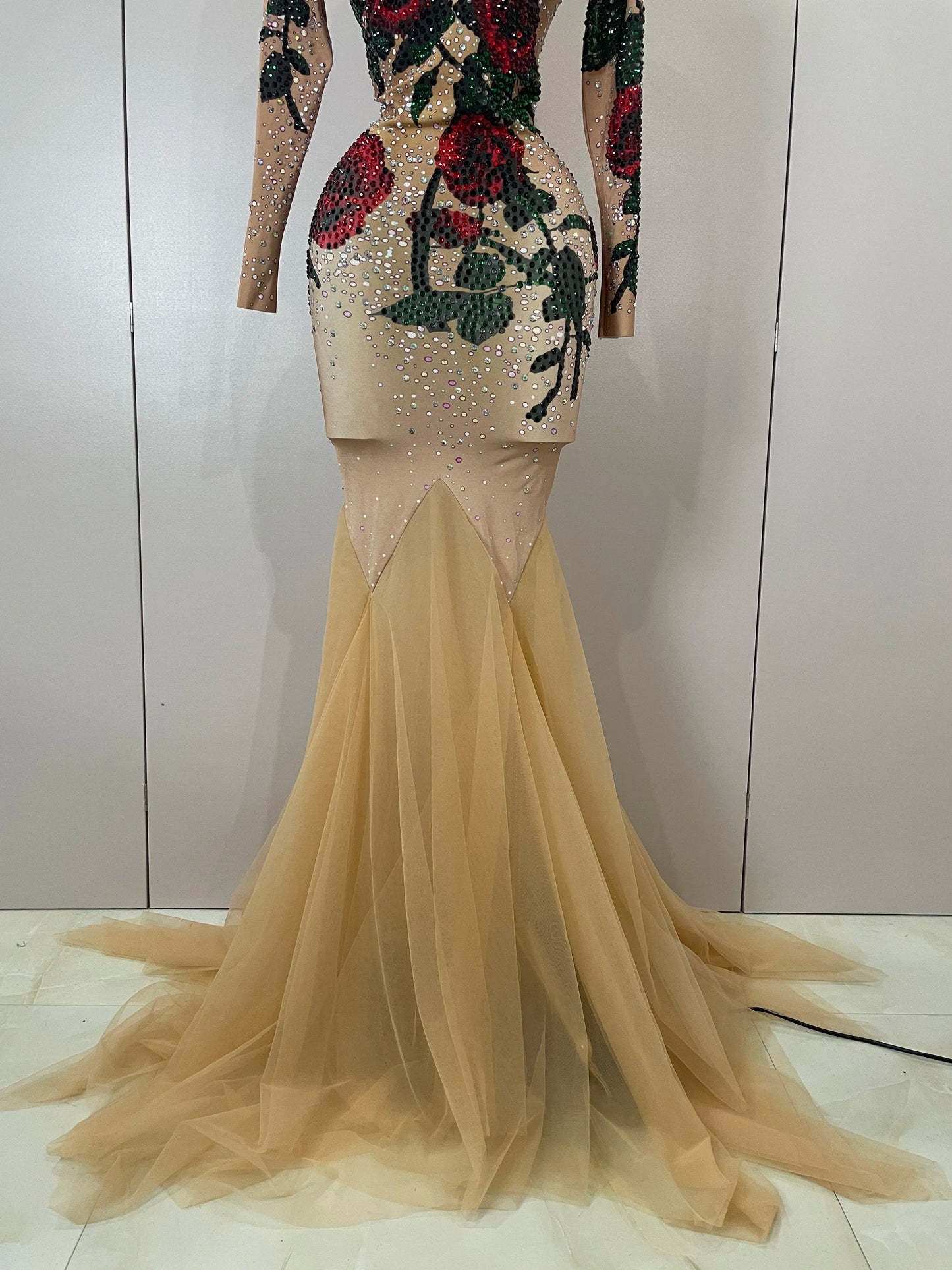 Women Sparkly Diamonds Rose Floral Long Sleeves Floor-Length Dress Eveing Celebrate Birthday Party Nightclub Sexy Stage Costume