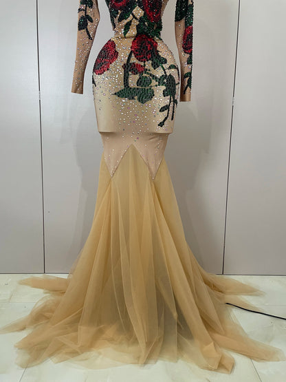 Women Sparkly Diamonds Rose Floral Long Sleeves Floor-Length Dress Eveing Celebrate Birthday Party Nightclub Sexy Stage Costume