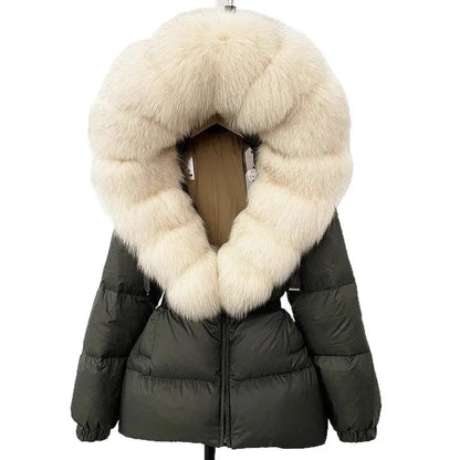 Hot Sale Women Luxury Black Down Jacket Waist‑Cinched Design High‑End Elegant Real Big Fox Fur Hooded Collar Winter Outerwear