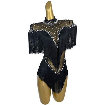 Sexy Rhinestone Tassel Bodysuits Women Night Club Party One Piece Jumpsuits Stage Performance Outfit Skinny Gogo Dancer Leotard