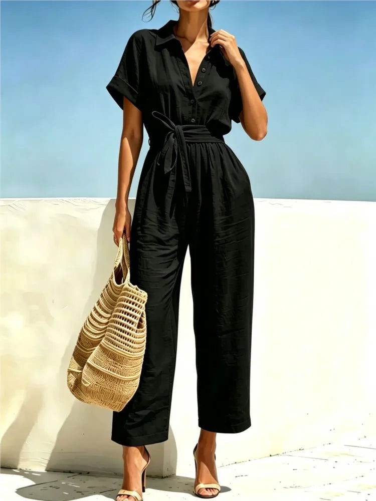 2026 Women's Shirts And Jumpsuits Fashion V-neck Lace Up Wide Legs Summer Casual Resort Female Short Sleeve Rompers Shirts Pants