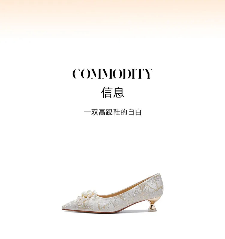 New Designer Low Heel Wedding Shoes Luxury Pearl Water Diamond Decoration Banquet Women's Shoes High Heel Women's Singles Shoes