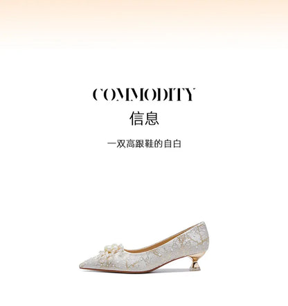 New Designer Low Heel Wedding Shoes Luxury Pearl Water Diamond Decoration Banquet Women's Shoes High Heel Women's Singles Shoes