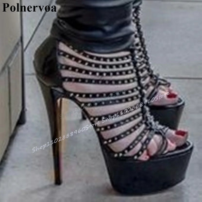 Stylish Black Platform Strappy Rivet Sandals Thin High Heel Women Shoes Back Zipper Open Toe 2025 Fashion Zapatos Para Mujere