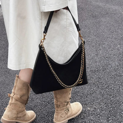 Women's New Light Luxury Fashionable High-End Black Suede Shoulder Crossbody Bag,Versatile for Commuting,Large Capacity Tote Bag