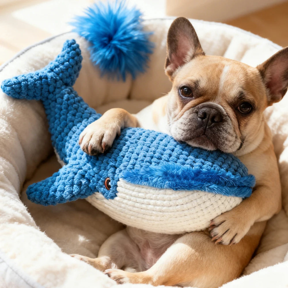 Pet Chew-Resistant Plush Interactive Toy with Sound, Whale-Shaped, Suitable for Large, Medium, and Small Pets Like Cats and Dogs, Double-Layer Fabric, Built-In Airbag