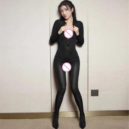 Oily Glossy Elastic Tights Zipper Open Crotch Full Body Jumpsuits Sexy See Through Bodysuits Women Smooth Allure Bodycon Rompers