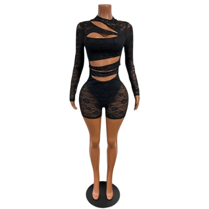 FAGADOER Sexy Black Floral Lace Rompers for Women Fashion Hollow Out Long Sleeves Bodycon Jumpsuits Night Club Mesh Playsuits
