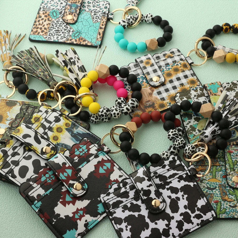 Bull Silicone Beads Bracelet Pu Leather Purse Leopard Print Tassel Cow Wallet Keychain Silicone Beaded ID Card Holder Keychain