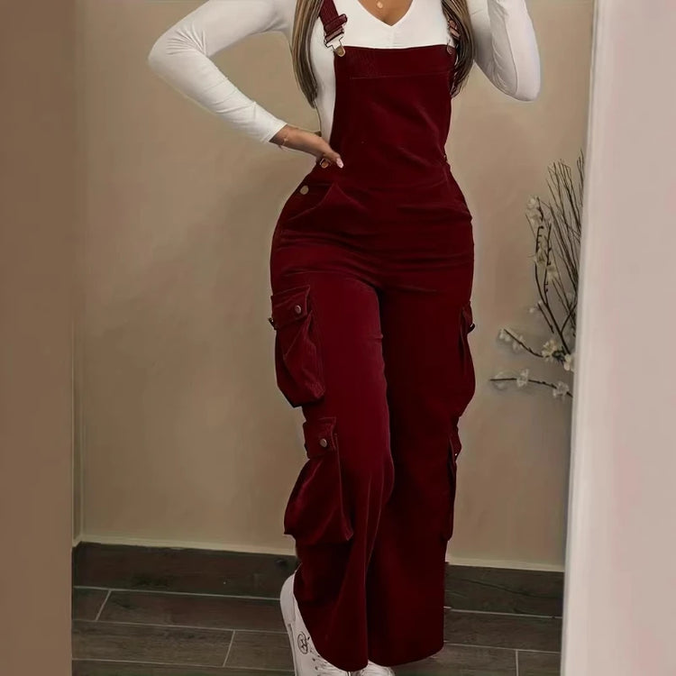 Y2K Casual Solid Strappy Bodysuit Sexy High Waist Ribbed Corduroy Overalls Spring Summer Cargo Pocket Wide Leg Women's Jumpsuits