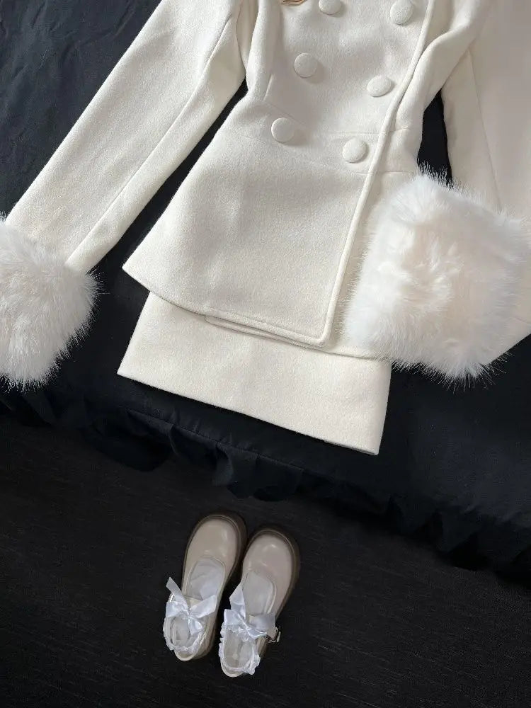 Winter French Elegant Women's Sets Korean Fashion Vintage Design 2 Piece Set Slimming Fur Collar Suits Chic Outfit Woman Clothes