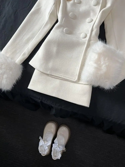 Winter French Elegant Women's Sets Korean Fashion Vintage Design 2 Piece Set Slimming Fur Collar Suits Chic Outfit Woman Clothes