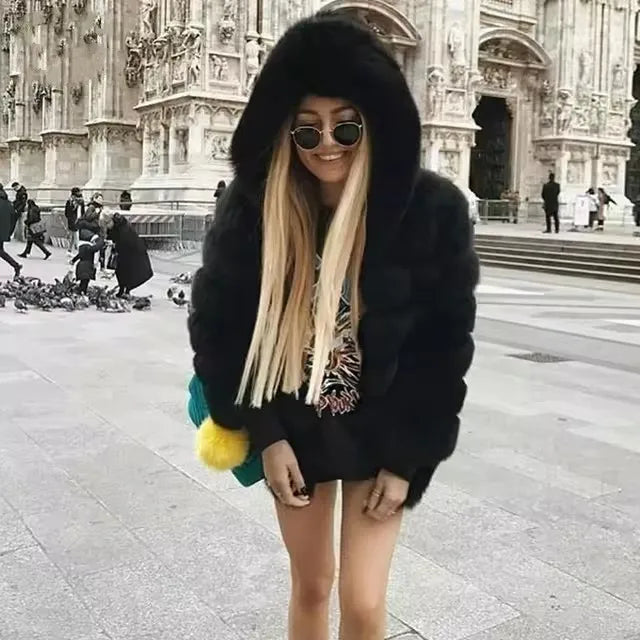 Fashion Winter Women Imitation Fox Fur Jacket Hooded Loose Long Sleeves Female Eco Fur Coat Patchwork Plush Thick Lady Fur Coat