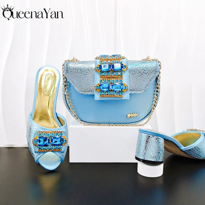 2026 New INS Quality Sky Blue Color Soft  Bag And Sandals Set Ladies Casual Shoes for Party or Work Nigerian Women's Shoes